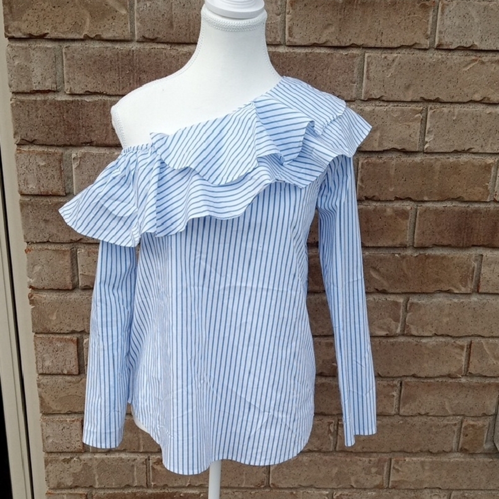 Calvin Klein Striped Off-Shoulder Ruffle Blouse - Picture 4 of 15